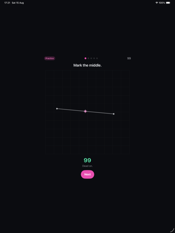 EyeUp on iPad: a practice round of Mark the middle, just revealed and scored 99 — dead on.